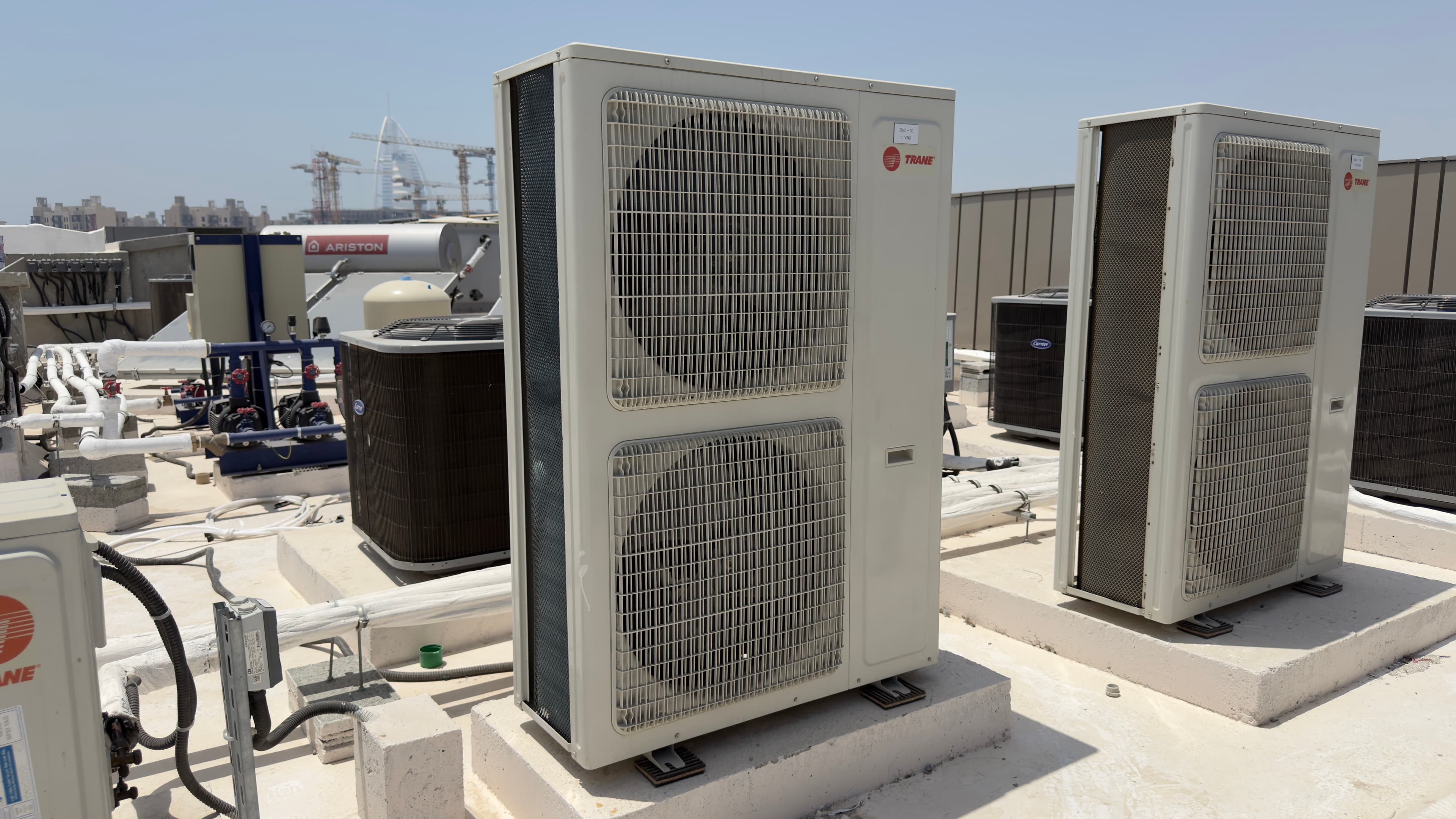 Trane outdoor condensing unit array installation in Dubai by AGEC